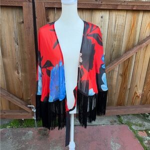 IMAN Red and Blue Floral Kimono with Fringe